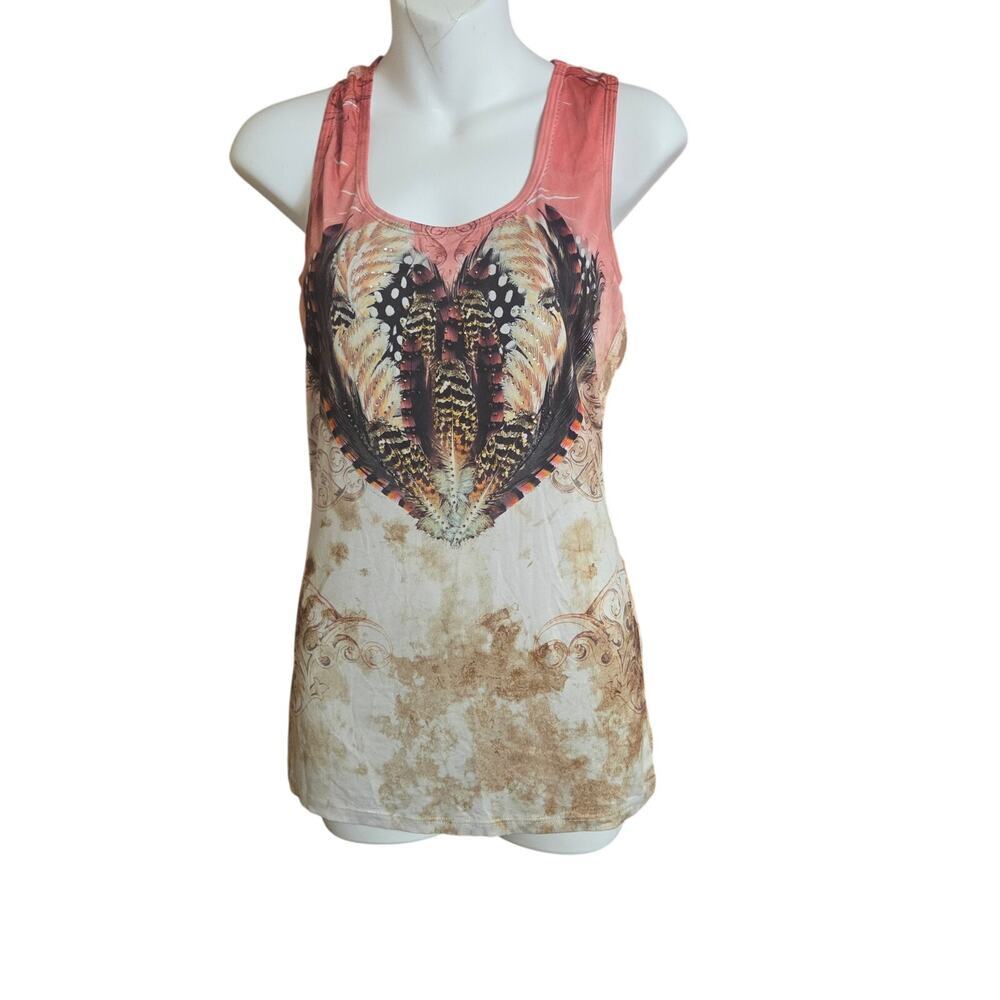 Panhandle Slim Feather Heart Tank Top Rhinestone Lace Back